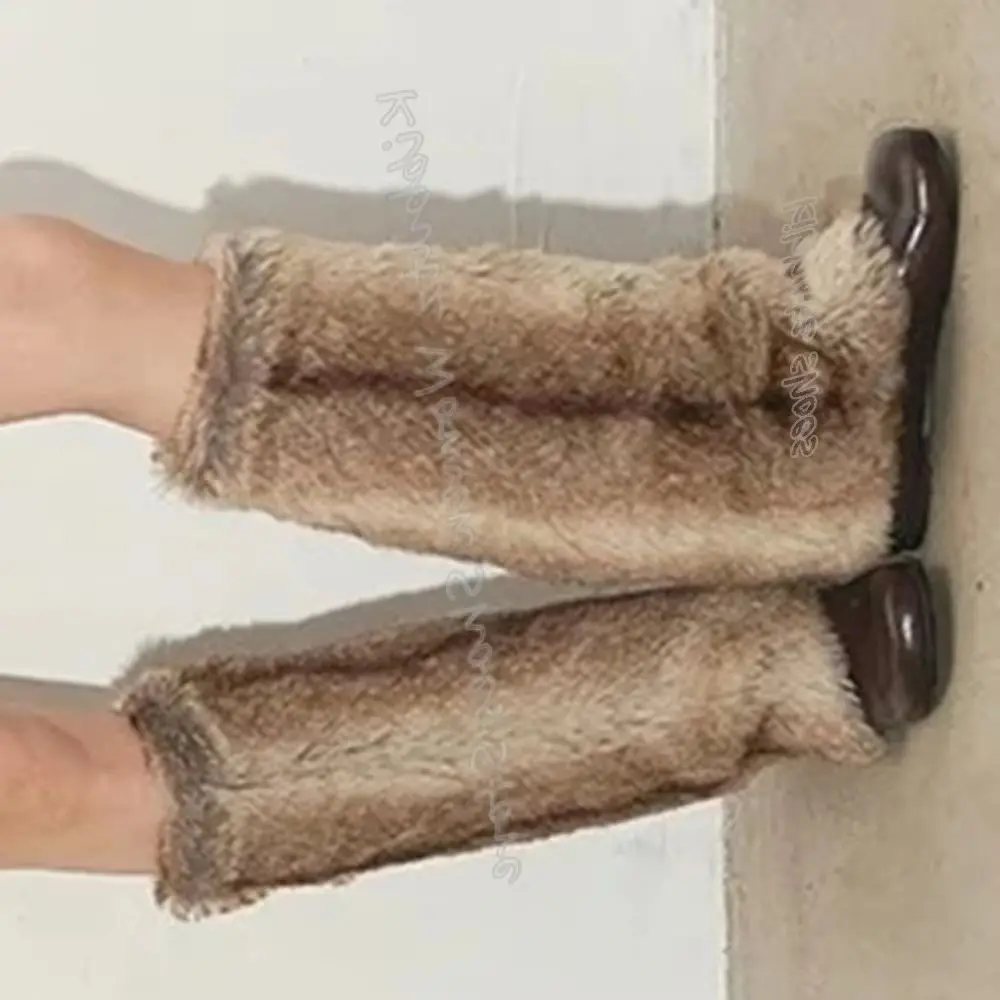 

Furry Knee High Boots Luxury Leather Slip-On Mixed Color Round Toe Wedges Fashion Concise Sexy Elegant Sexy Women Shoes Newest