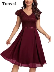 Tonval V-Neck High Waist Vintage Style Birthday Party Dresses Ruffle Sleeve Women Pleated Evening Elegant Lace Dress