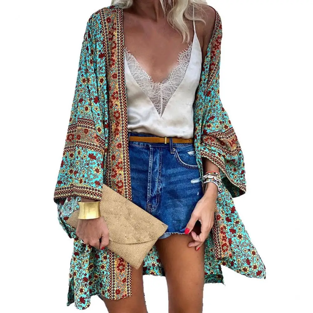 Boho Cardigan Quick Drying Skin-touch Anti-shrink Summer Open Front Bohemian Floral Printed Shirt Summer Cardigan Simple