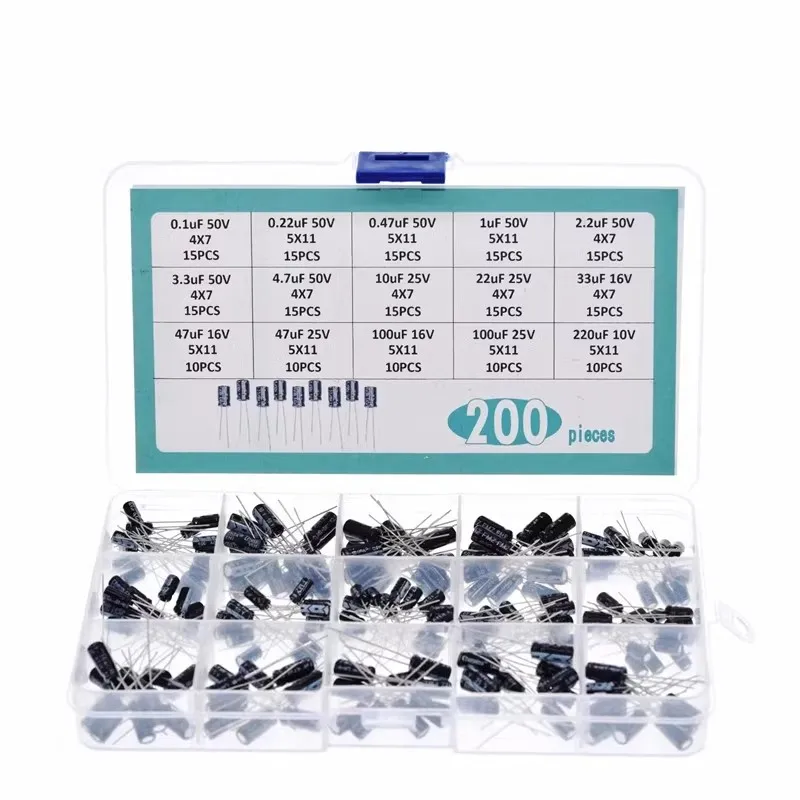 200pcs Radial Capacitors Set 15Values 10V 16V 25V 50V 0.1uF-220uF Electrolytic Capacitor Assortment Kit 0.22uf 2.2uf 100uf