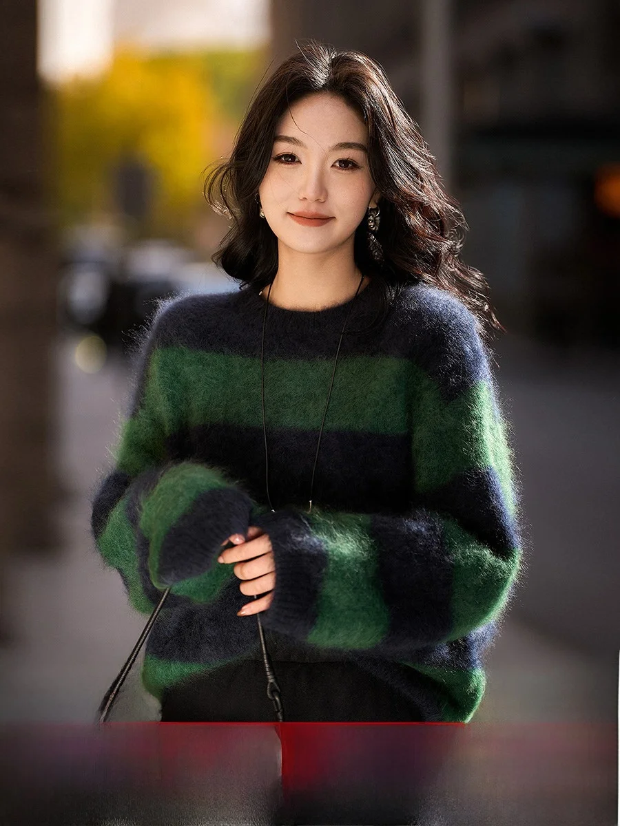 

Royal Velvet Knitwear Soft Long Sve Striped Woolen Sweater Warm Polar Lights Crt Women's Casual Faion Commute Sle
