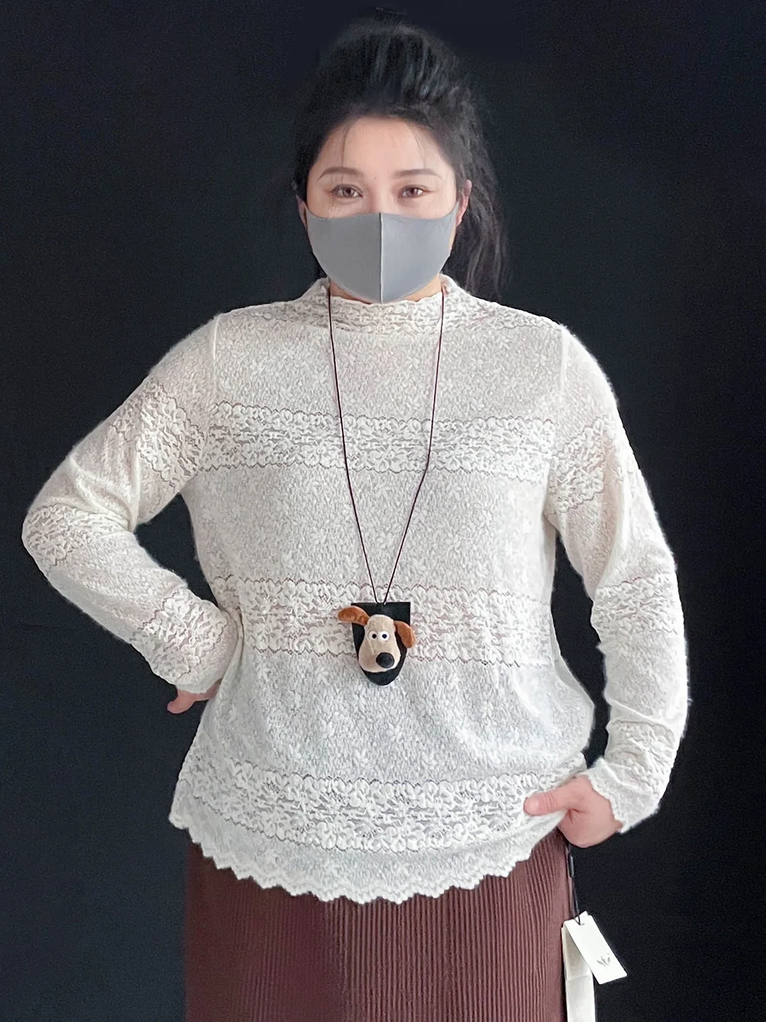 

plus Size Lace Blouse Ele High Collar Slimming Beautiful Base Layer irt French Sle Straight Cut Long Sve Women's F...
