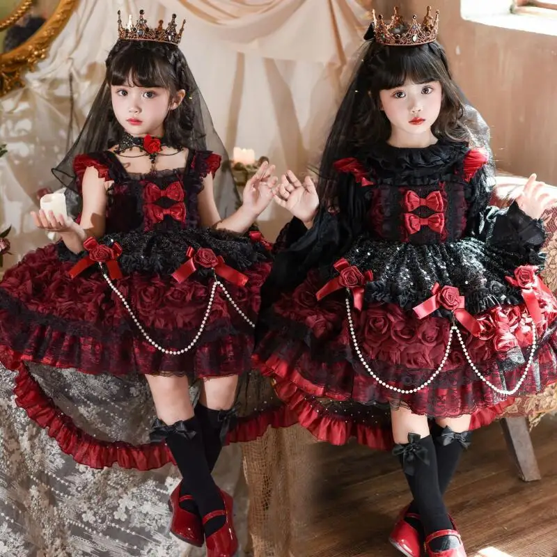 Girl Lolita Princess Dress Cos Play Halloween Vampire Modeling Dress Bow Lace Puff Skirt Cute Sweet Birthday Gift Party Dress