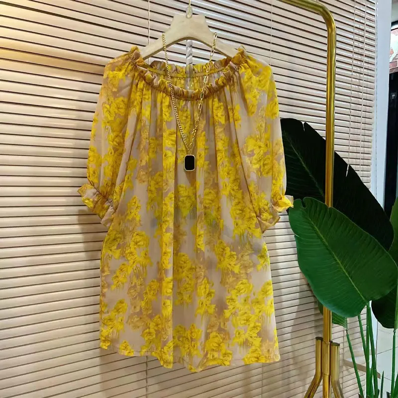 Vintage Broken Flowers Shirt Female Clothing Elegant Slash Neck Summer Loose Stylish Ruffles Spliced Casual Short Sleeve Blouse