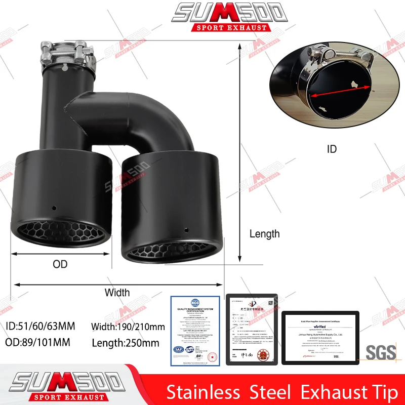 Genuine SUMSOO 1PCS Matte  black Stainless Honeycomb Double Outlet Exhaust Tips Universal Muffler 60MM 63mm