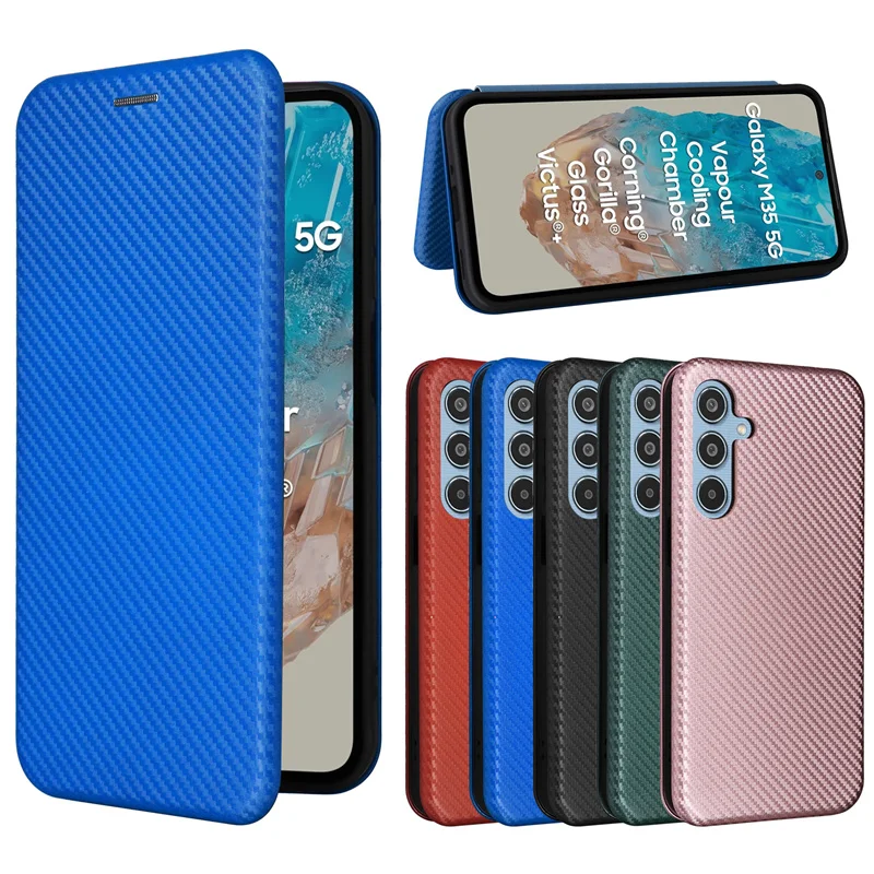 For Samsung Galaxy M35 5G Carbon Fiber clamshell purse skin PU case purse for Galaxy M35 5G Magnetic Phone Cover