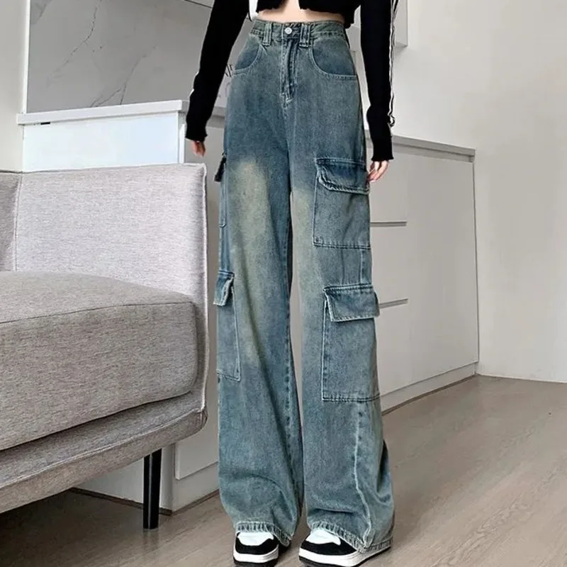 Hip Pop Women High-Waisted Stretch Cargo Jeans Loose Fit Multiple Pockets Trousers Street Style Casual Denim Pants Y2k Trendy