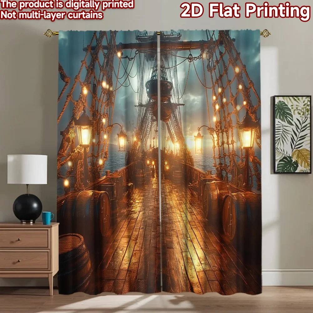 2D flat 2pcs Curtain Home Short Curtains Sunset Pirate Ship Deck Digitally printed polyester, colorfast Festive Wall Decor Use