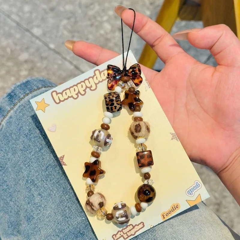 Leopard Print Star Beaded Phone Charm Handmade Retro Brown Bow Bracelet Strap Aesthetic Wild Style Phone Chain For Women