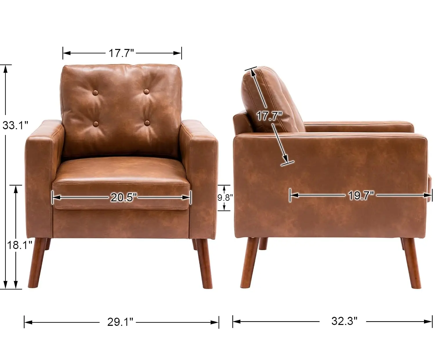 Mid Century Armchair Set 2, Button Tufted Faux Leather with Armrests for Living Room Bedroom Office, Brown, Customized