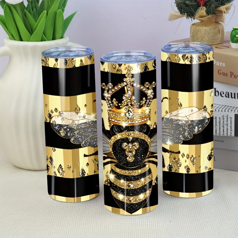 1pc Stainless Steel 20oz Straight Cup, Insulated Tumbler with Gorgeous Little Bee and Shining Crown Luxury Patterns, Portable Travel Mug for Hot & Cold Drinks (Cup + Lid + Straw Set), Perfect as a Family/Travel Outdoor Accessory or Present