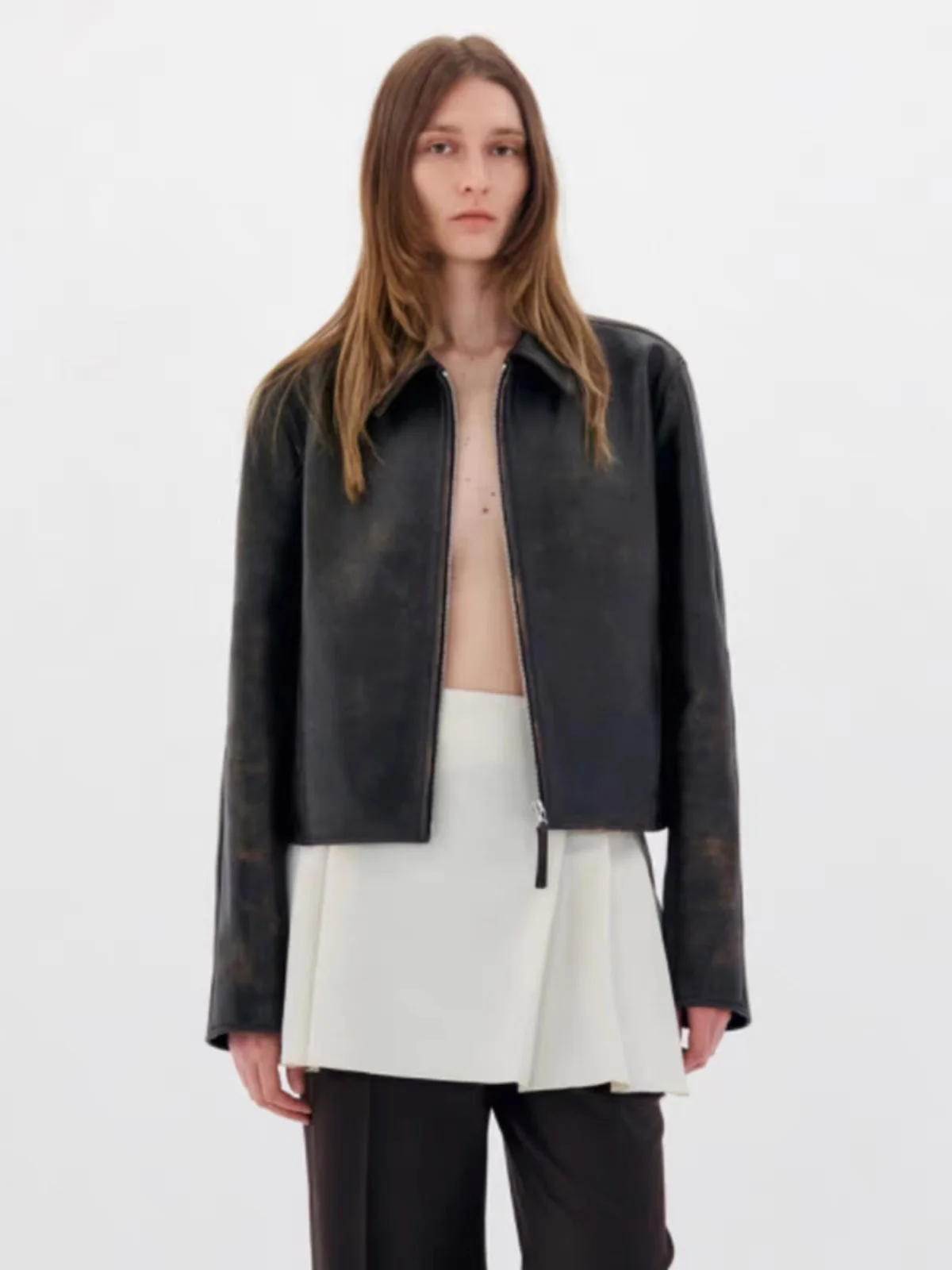 Low Classic Women's Leather Jaet Spring Autumn Gold High Silver Vintage Faded Zipper ort Collarl Coat Outerwear