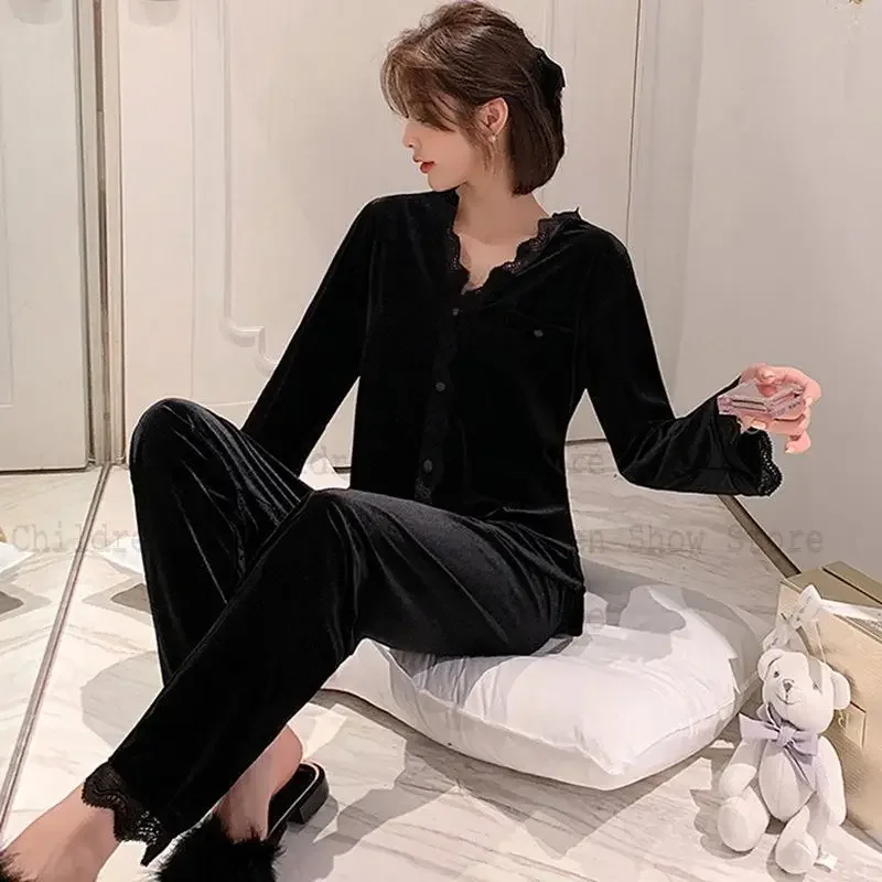 Velour Nightwear Women Winter Warm Sleepwear Pink Lace Ttrim Home Clothes Soli Color Long Sleeve Top&pants Pyjamas Femme