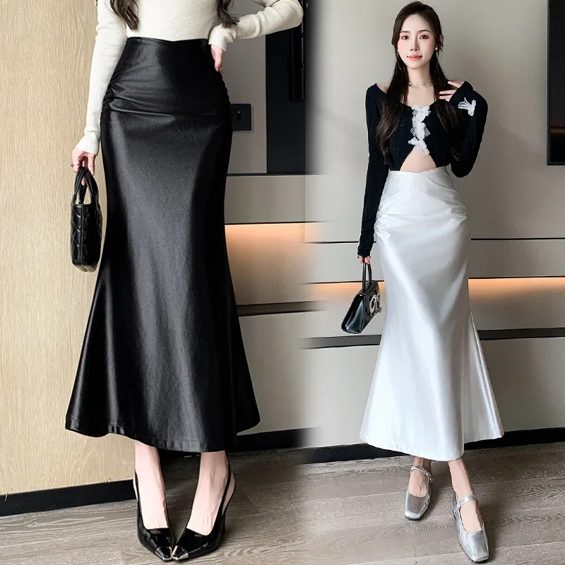 

2024 Spring Summer Elegant Office Lady Solid Long Skirt Korean Fashion Satin Maxi Skirts Irregular High Waist Slim Mermaid Saias