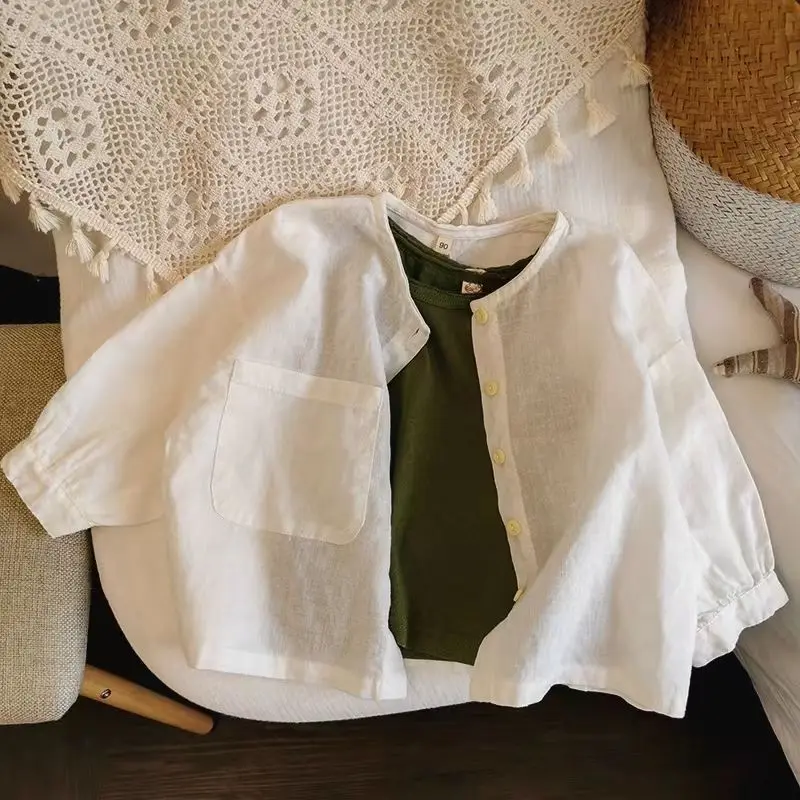 

Childrens Summer Shirt 2025 Korean New Cotton Linen Thin Casual Loose Long Sleeve Breathable Boys Girls Sun Shirt