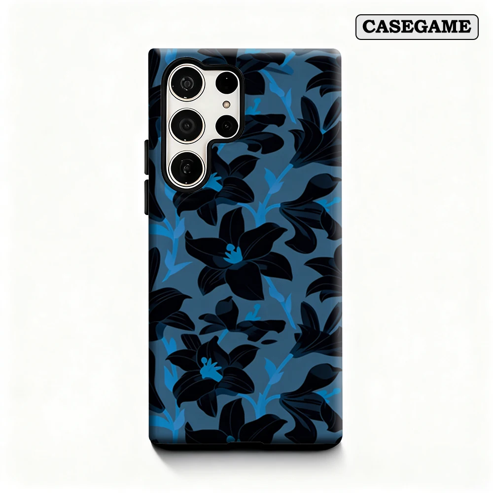 Casegame Phone Case for Samsung Galaxy S25 S26 Ultra S24 S23 Ultra Plus Shockproof Double Layer Dark Blue Lily Print Cover