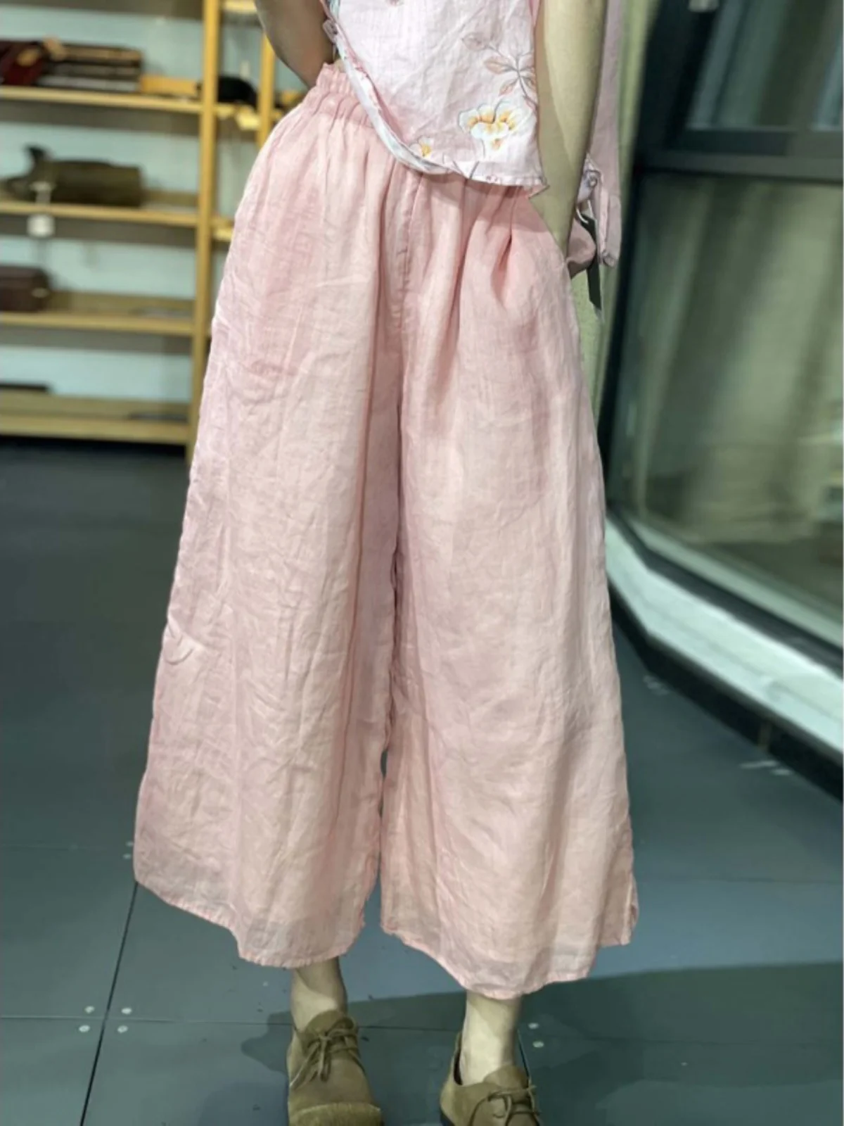 

Повседневные хлопково-льняные брюки с широкими штанинами, высокой талией, прямым кроем, длиной 7/8, на резинке, однотонные, больших размеров, женская мода