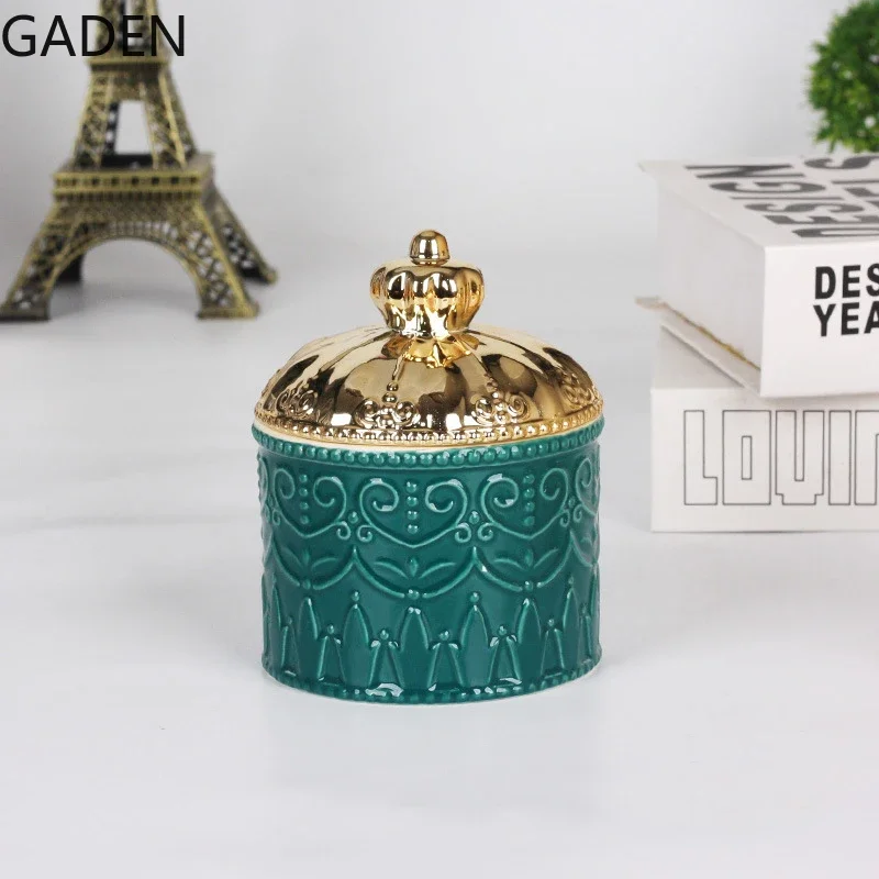 European-style Electroplating Ceramic Storage Jar Display Box Crown Jewelry Box with Lid Desktop Ornaments Home Storage Supplies