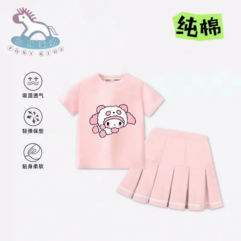 Kids Pleated Skirt Suit Kawaii Cinnamoroll Cotton Short Sleeve Student Preppy Style Uniforms Suit Girl Princess Style Skirt Gift