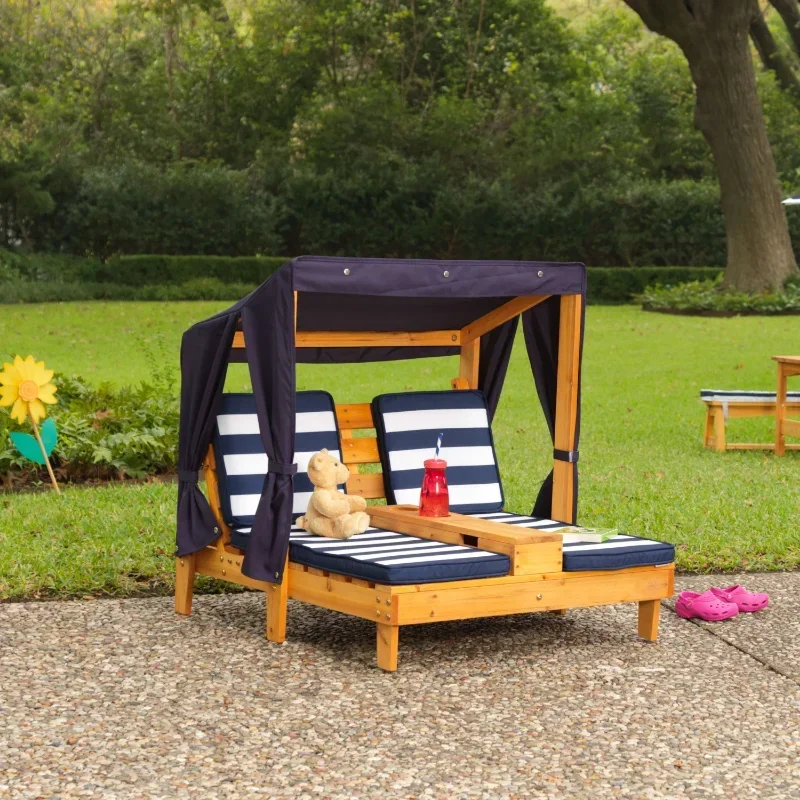 KidKraft Wooden Outdoor Double Chaise with Cup Holders, Honey & Navy