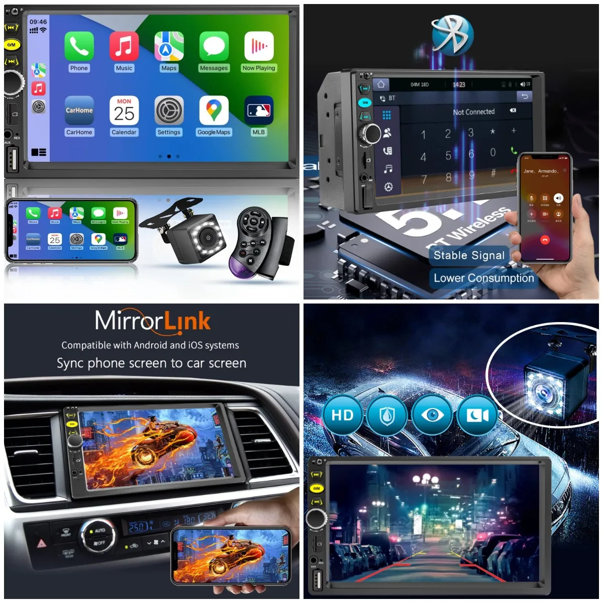 

7' Double Din Car Radio with Apple CarPlay, Bluetooth, Backup Camera, FM, Steering Wheel Controls, MirrorLink, USB/TF, 240W