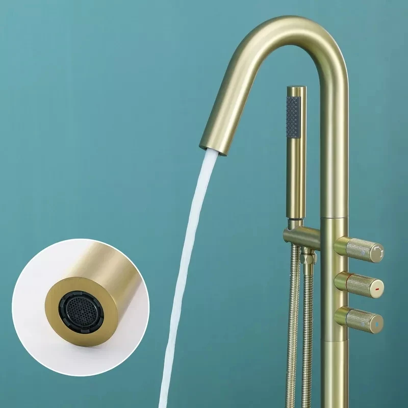 Brass Floor Mount Stand Freestanding Brushed Gold Rotating Bathtub Tub shower filter Faucet with hand shower sprayer for bathtub