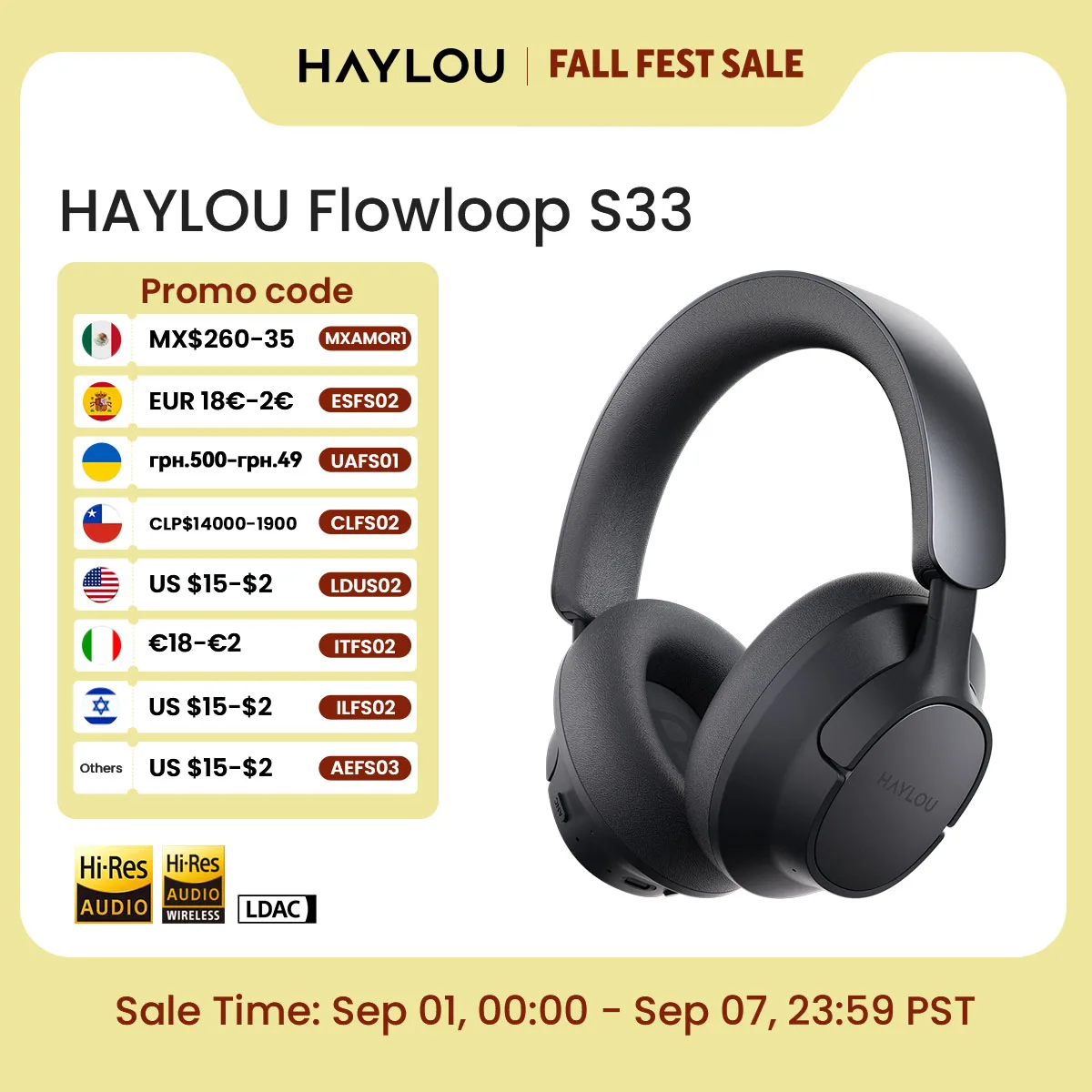 Fones de Ouvido Sem Fio HAYLOU FlowLoop S33 Over Ear Bluetooth com Cancelamento Ativo de Ruído de 45dB, Hi-Res LDAC e 100h de Tempo de Reprodução