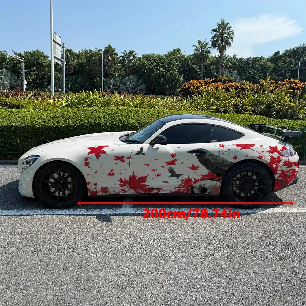 2pcs Gothic Red Leaf Skull & Raven Car Side Wraps, Self-Adhesive PVC Waterproof & Scratch-Resistant Stickers, Car Accessory Gift