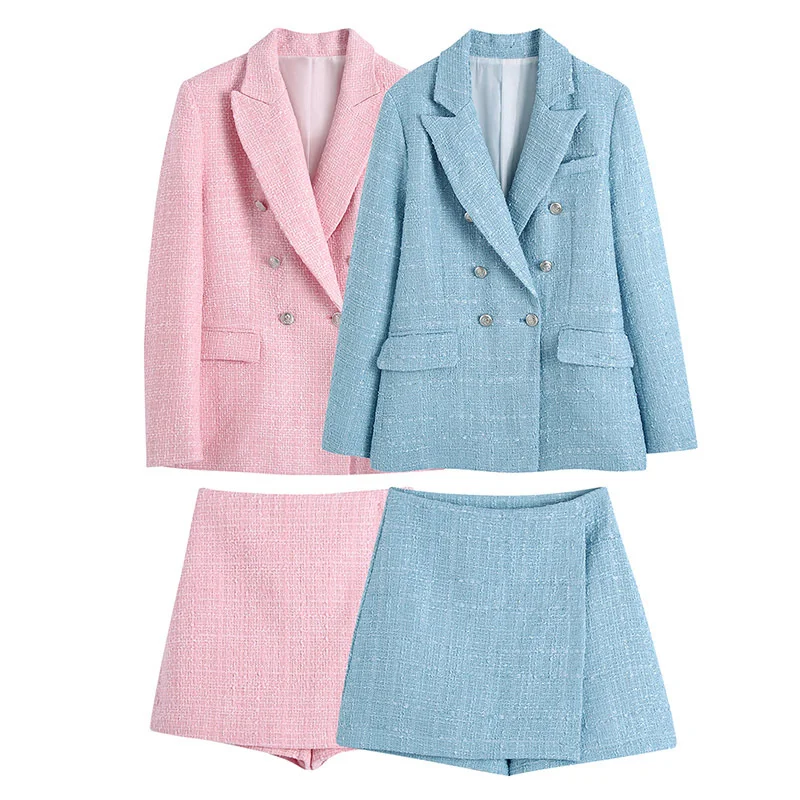 European Style Autumn Winter 2 Piece Set Women Woolen Tweed Crop Top OL Jacket Coat & High Waist Shorts Lady Two Piece Outfits