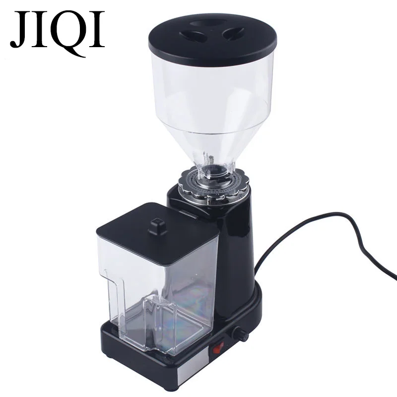 JIQI Electric Coffee Bean Grinder Thickness Adjustable 500g Capacity stianless steel Sieve Filter Plastic Powder Tank 110V/220V