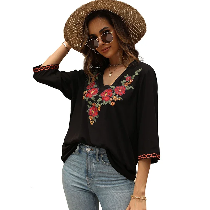 Eaeovni Women\'s Boho Embroidered Tops 3/4 Sleeve Mexican Peasant Shirts Bohemian Loose Tunic Blouses