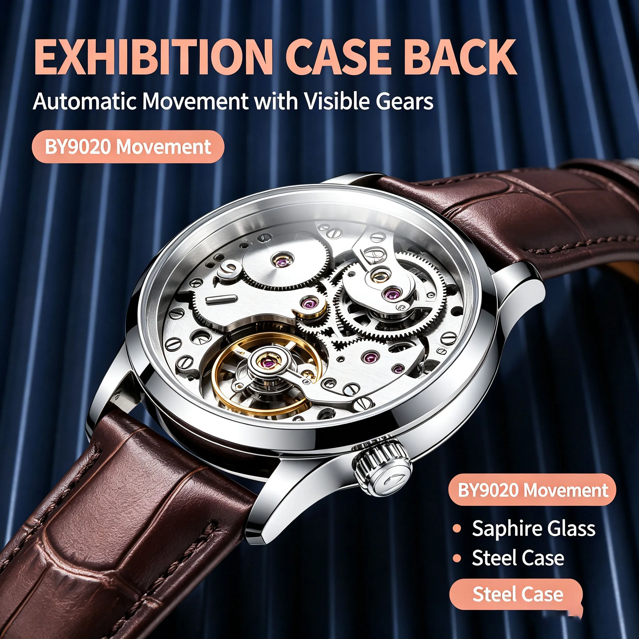 PAGANI DESIGN Men Automatic Mechanical Watch See-through Case Back 42mm Dial Sapphire Glass 10ATM Waterproof Leather Dress Watch