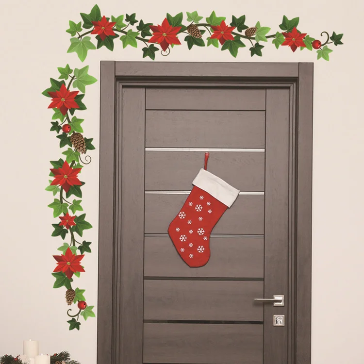 Weihnachtsblumen-Ranke Tannenzapfen Wandaufkleber Wohnzimmer Hintergrund Dekor Wandbild Neujahrsdekoration Selbstklebende Türkopf-Dekorationen – Detail 4