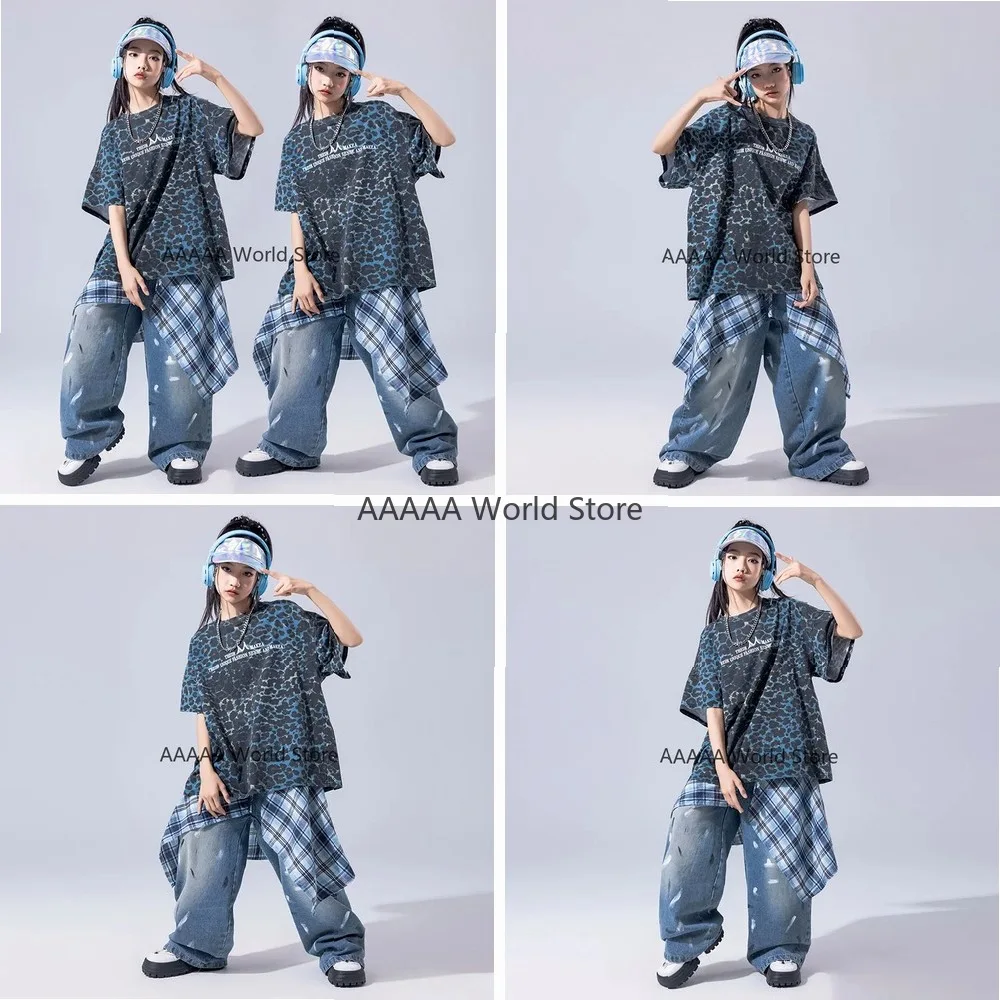 Blue Leopard Print Cosplay Jazz Dance Costume Set For Girls Boys Hip Hop Streetwear Loose T Shirt And Pants Rave Party Outfit