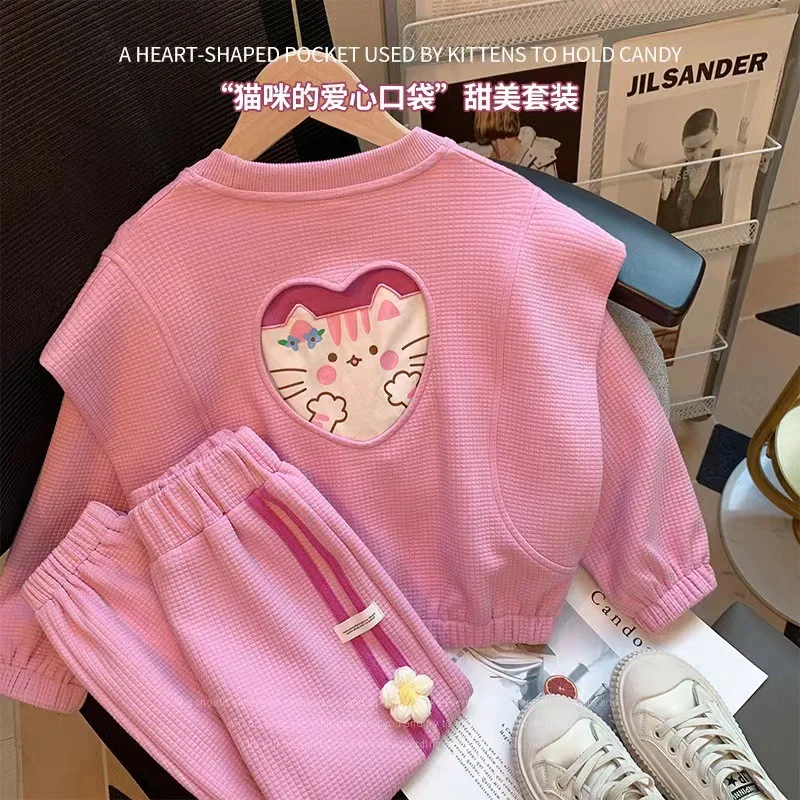 

LYY-Girls' Suit Spring Clothes2024New Western Style Children's Clothing Loves and Cats Baby Girl Two-Piece Suit