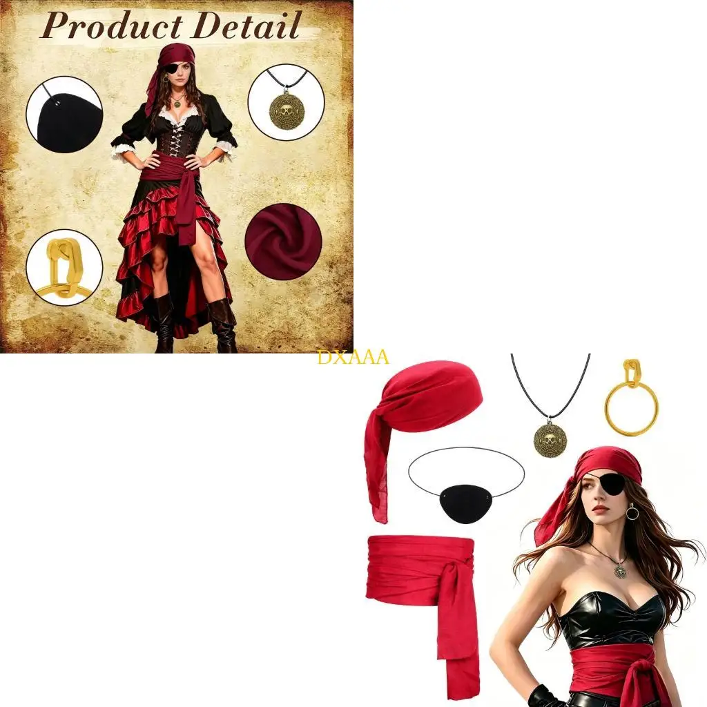 DXAA Halloween Pirate Costume Accessories Pirate Head Scarf Hat Waist Belt Eye Patches for Medieval Renaissances Cosplay