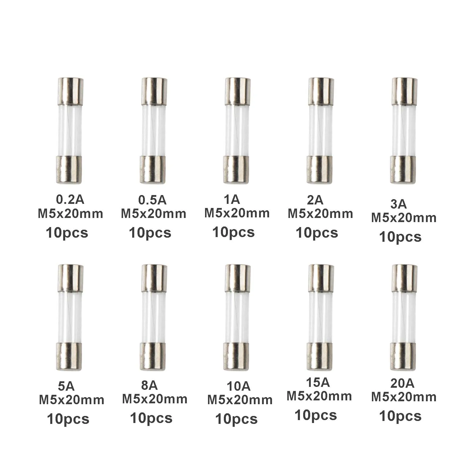 100 قطعة مجموعة متنوعة من الصمامات الزجاجية ذات النفخ السريع 10 قيم m5x20mm 0.2-20A