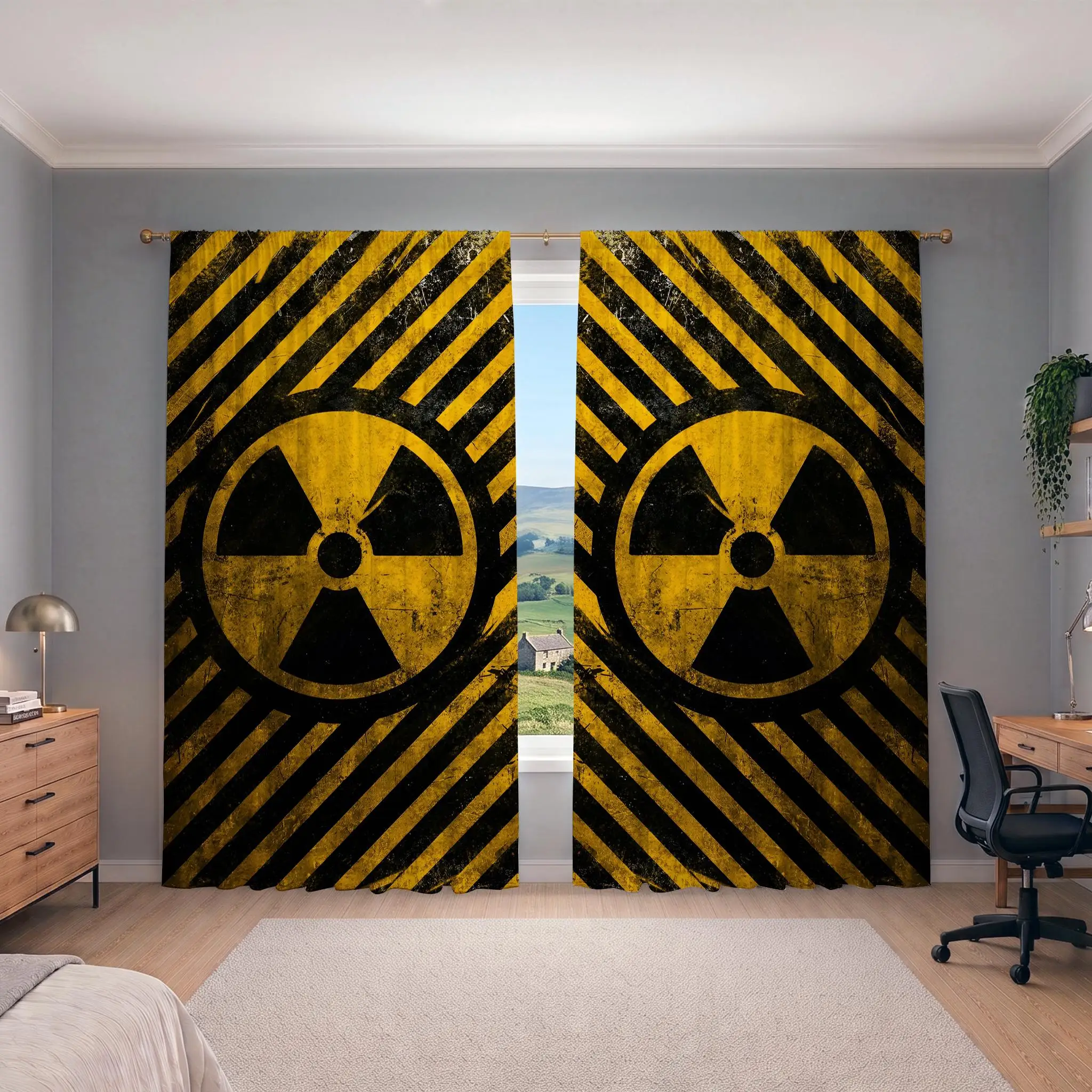 Yellow Black Radiation Symbol Striped Curtain Modern Abstract Art Window Dressing Home Decor