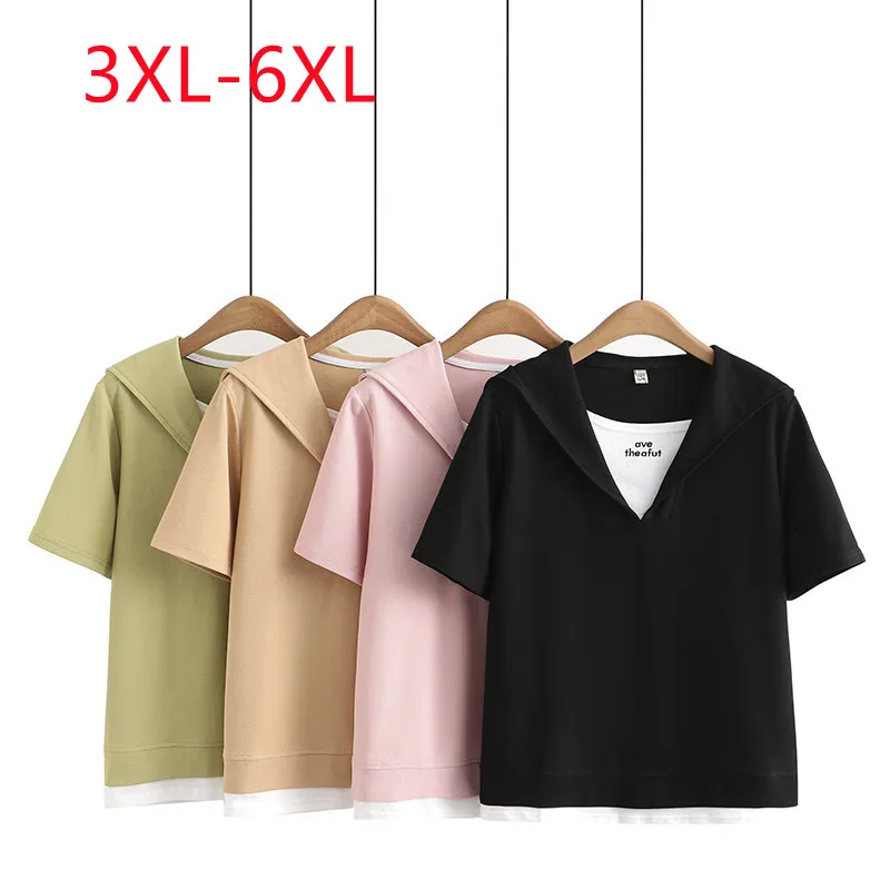 New 2023 Ladies Spring Summer Plus Size Tops For Women Large Size Short Sleeve V-neck Black T-shirt  3XL 4XL 5XL 6XL