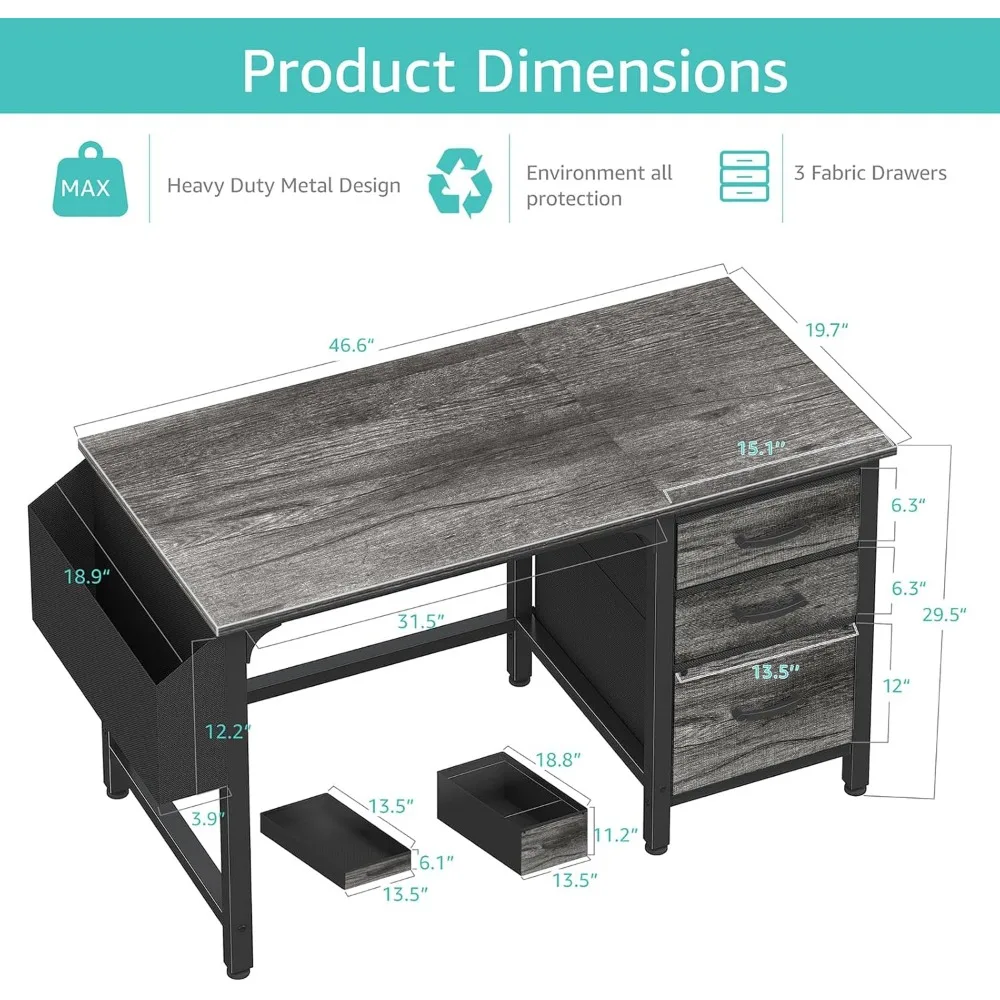 Computer Desk with File Drawers Cabinet, 47 Inch Home Office Desks with Filing Cabinet for Small Space, Gaming Study Writing Ta