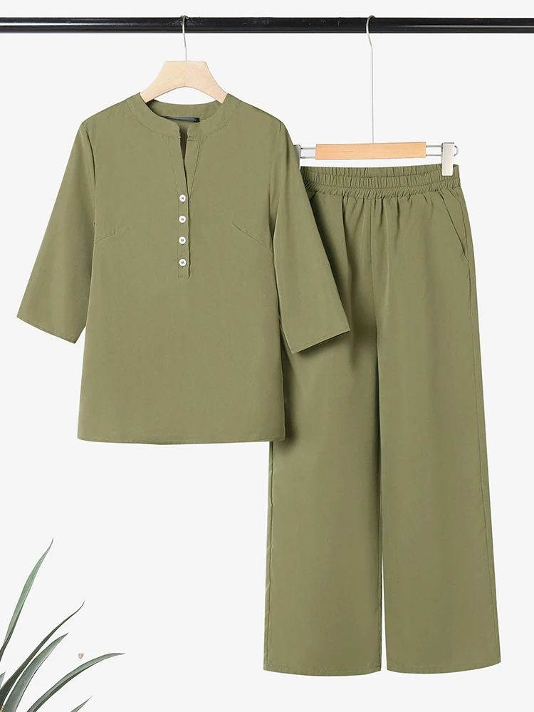 

2025 ZANZEA Модные осенние комплекты брюк Женские комплекты из 2 предметов Элегантная блузка с рукавами 3/4 Широкие брюки Костюм Однотонный рабочий спортивный костюм OL