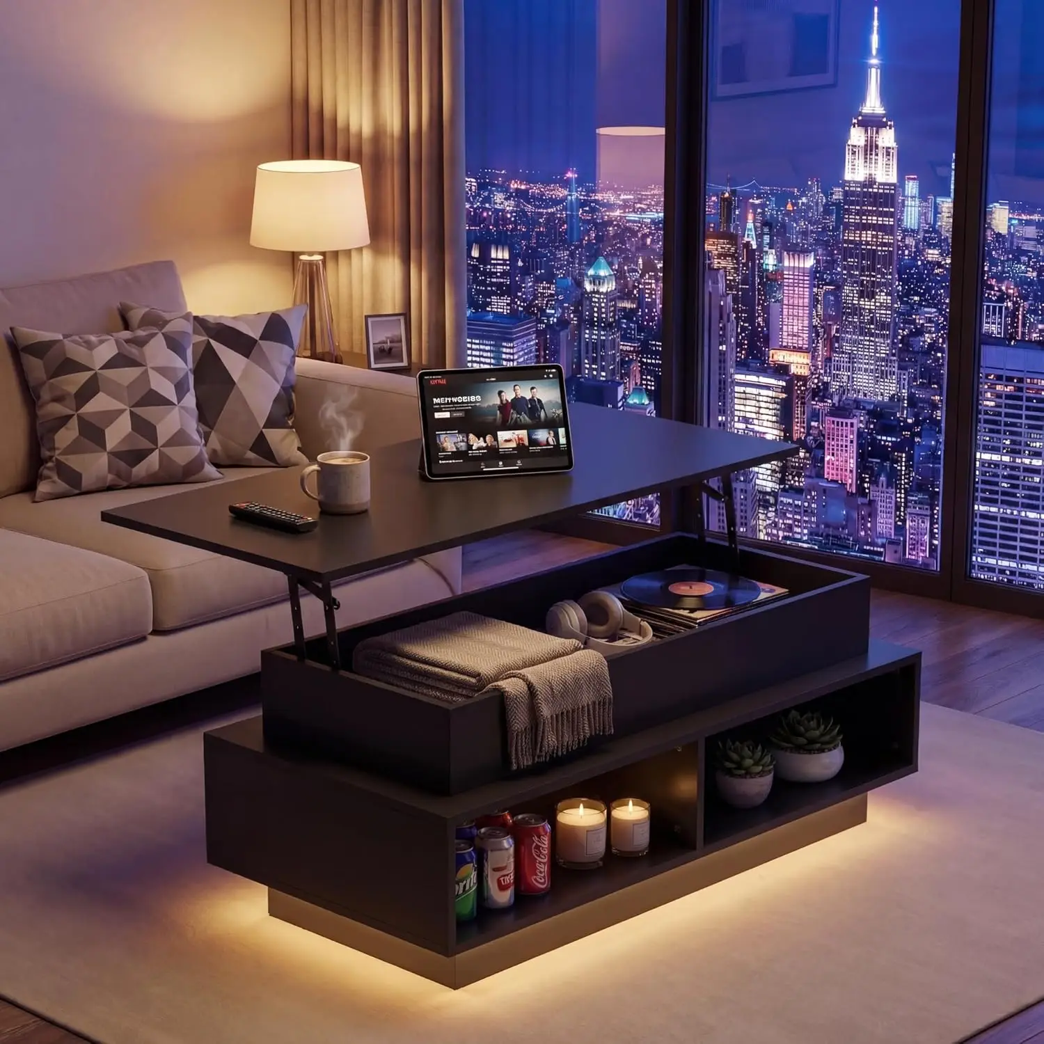 

40in Lift Top Coffee Table with Storage Compartments & LED Lights for Living Room Home Office, Customized