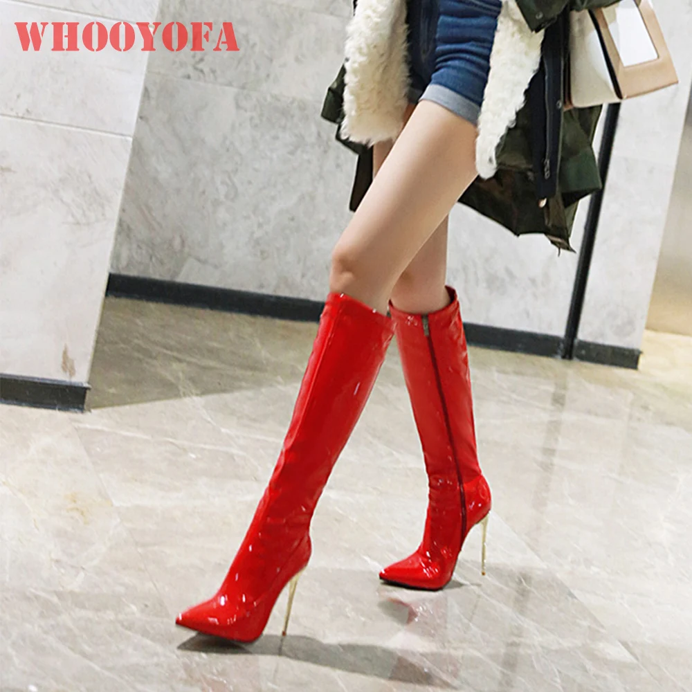 

Зимние брендовые новые модные красные, белые женские сапоги до колена для верховой езды на очень высоком каблуке, женская обувь WY5 Plus, большой размер 10,3, 45, 48