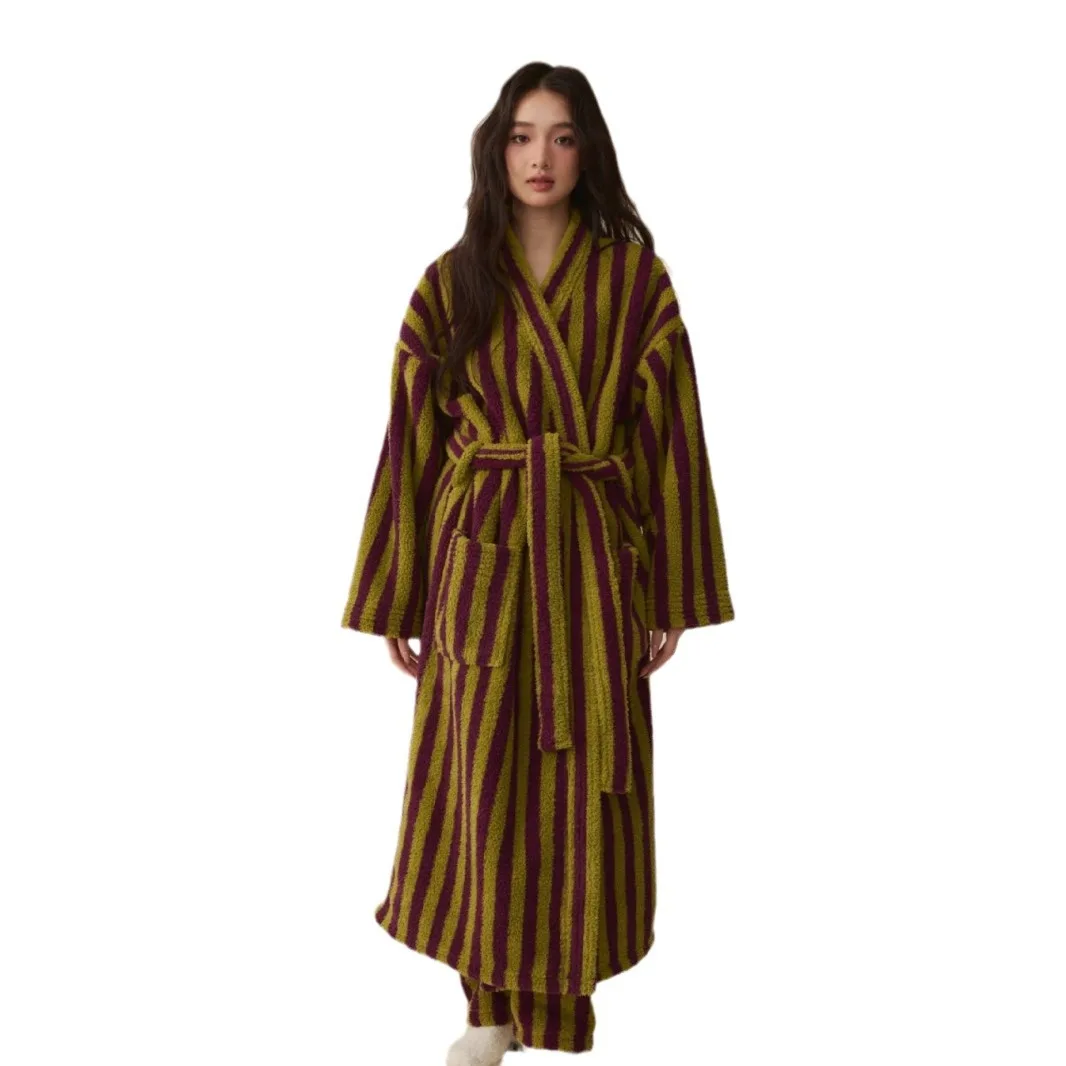 Winter Bathrobe Women Coral Velvet Thicken Warm Robes Home Clothes Thermal Nightwear Stripe Print Robe Sleepwear Pajamas