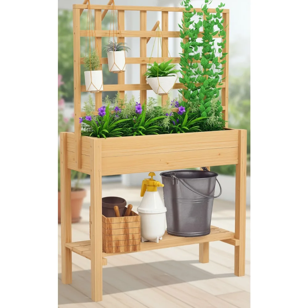 

Wooden Raised Garden Bed with Trellis & Storage Shelf, Elevated Planter Box for Vegetables Flowers Herbs