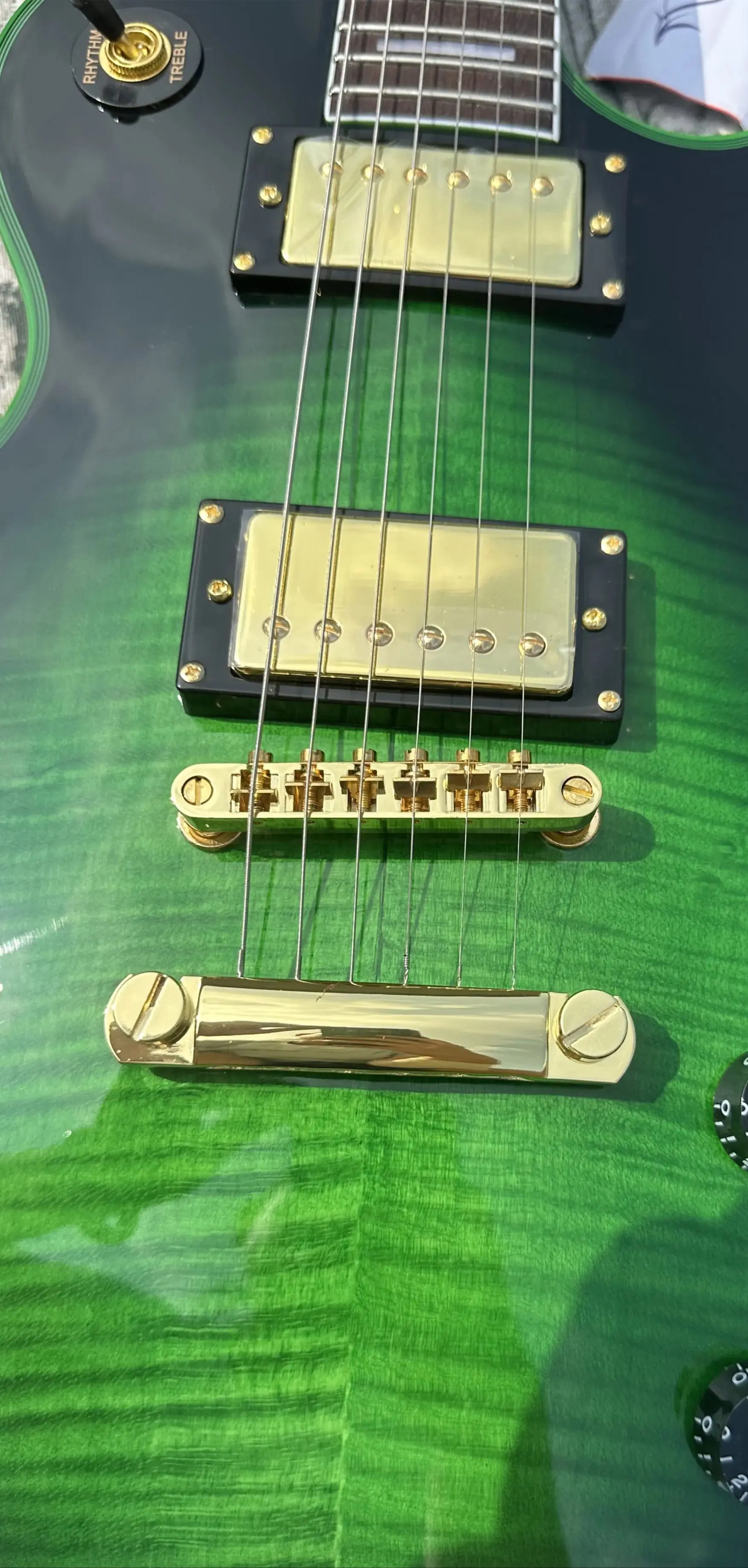 Customized electric guitar, green tiger pattern and body edging, gold accessories, in stock, lightning free shipping