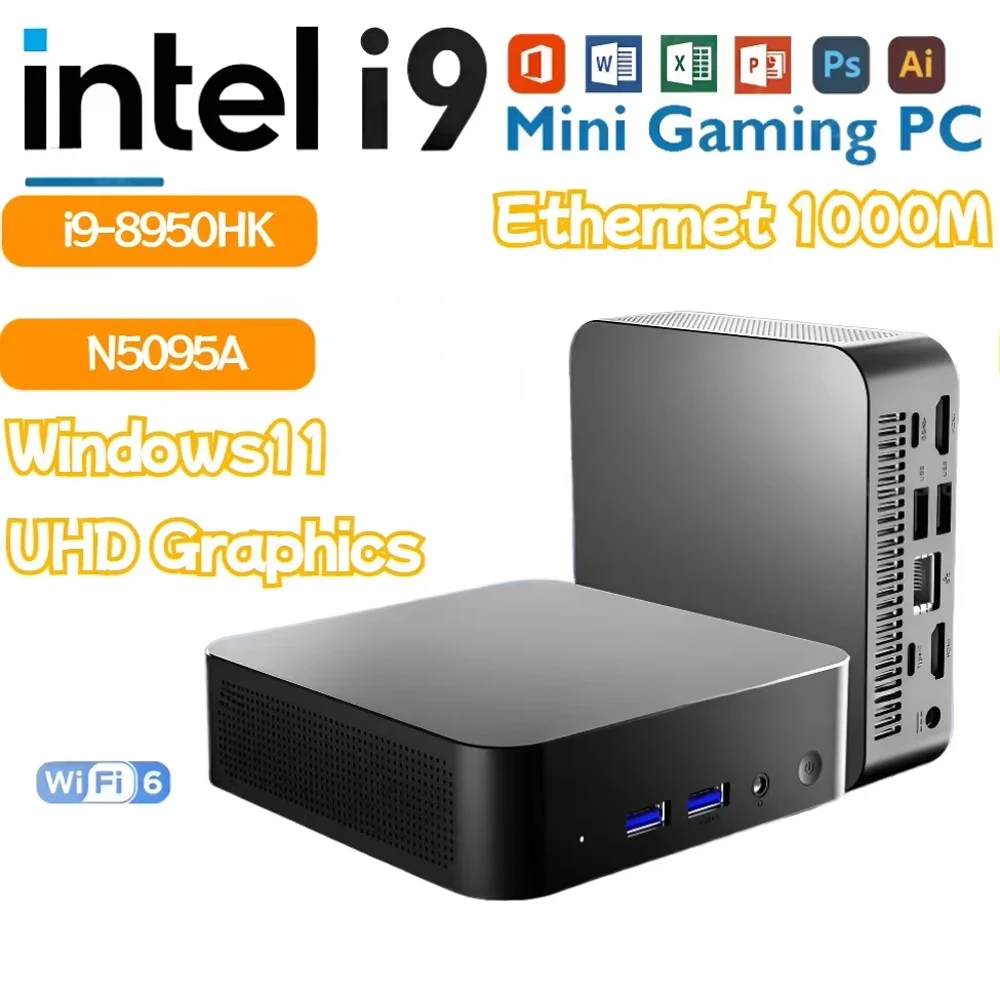 미니 게임용 PC 데스크탑 컴퓨터, 인텔 코어 i9 8950HK, 윈도우 11, 16GB RAM, DDR4 1/2T SSD, 와이파이 6, USB3.0 