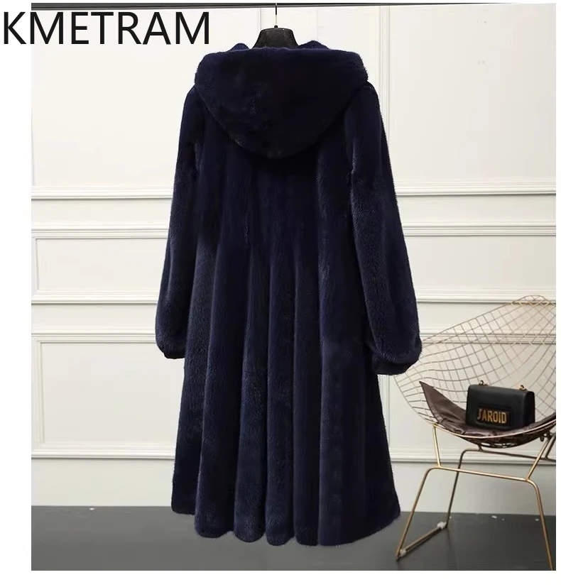 سترة KMETRAM 100% من فرو المنك الطبيعي بالكامل للنساء باللون الأزرق الداكن معطف طويل من الفرو الحقيقي مع غطاء محرك السيارة معاطف شتوية لعام 2025 ملابس نسائية