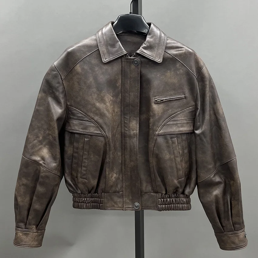 JANEFUR Giacca da donna in vera pelle Retro Marrone Vera pelle di pecora Giacche Cappotti Moda Autunno Chic Donna Casual JFB6-25007