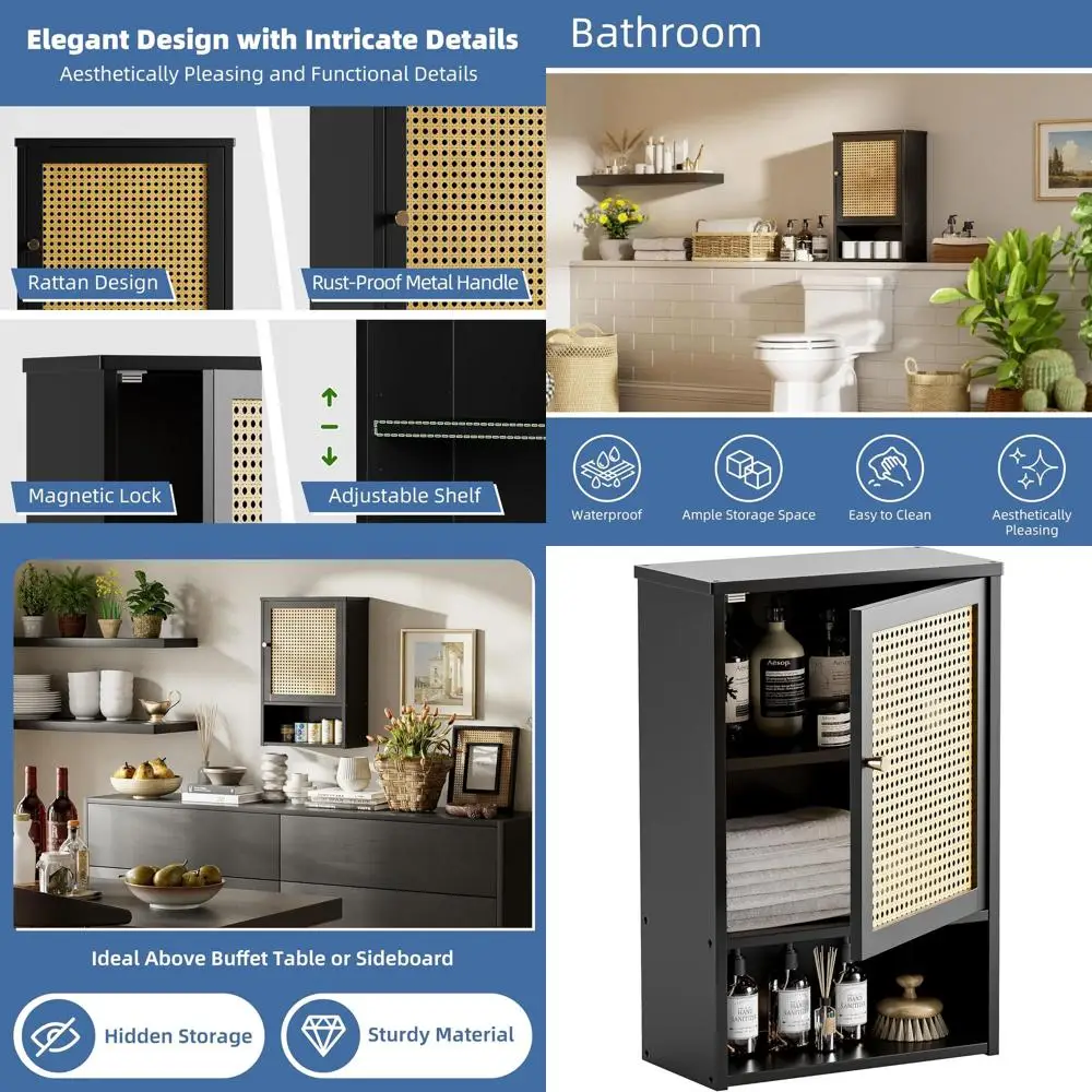 Over Toilet Bamboo Storage Cabinet with Single Rattan Door and Adjustable Shelves, Black